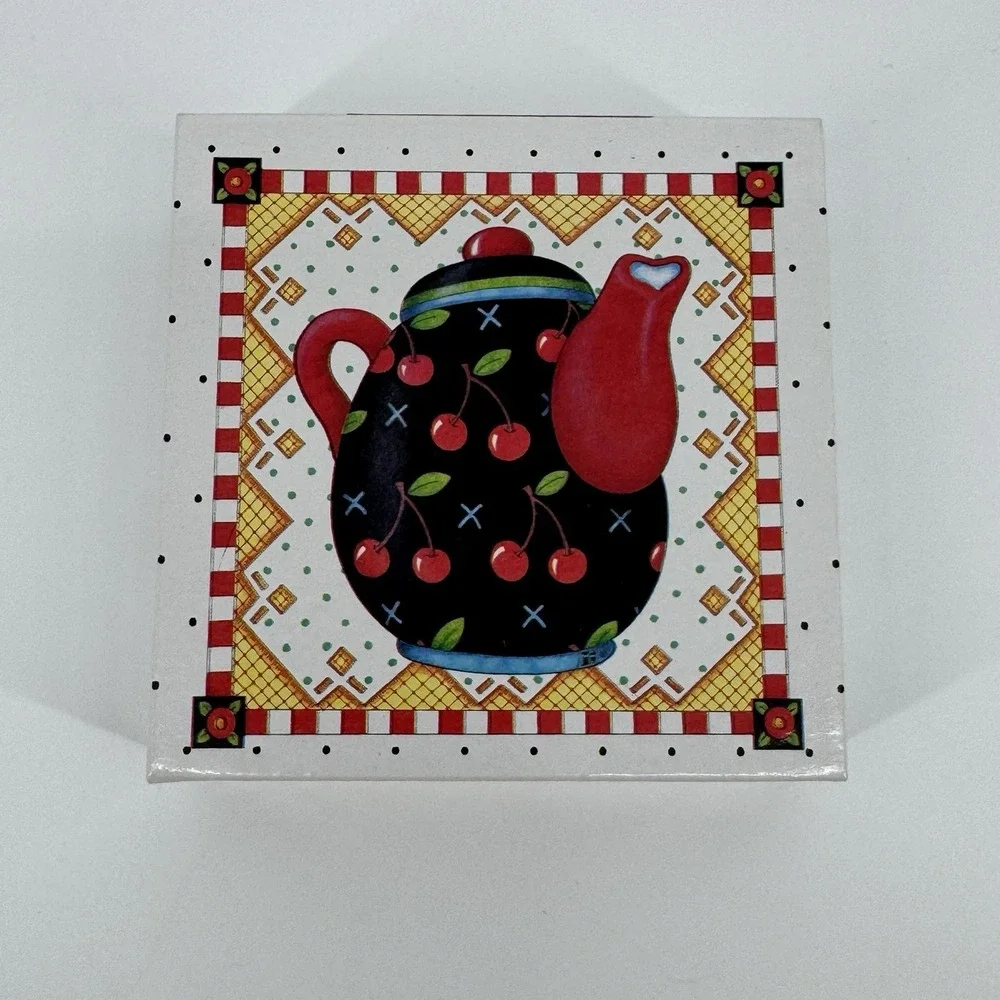 Mary Engelbreit Teapot Coasters Set of 6 Cork Backed Original Box Cottage Core